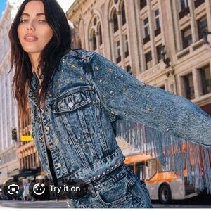 Nasty Gal Star-Studded Blue Denim Jacket with Fringe